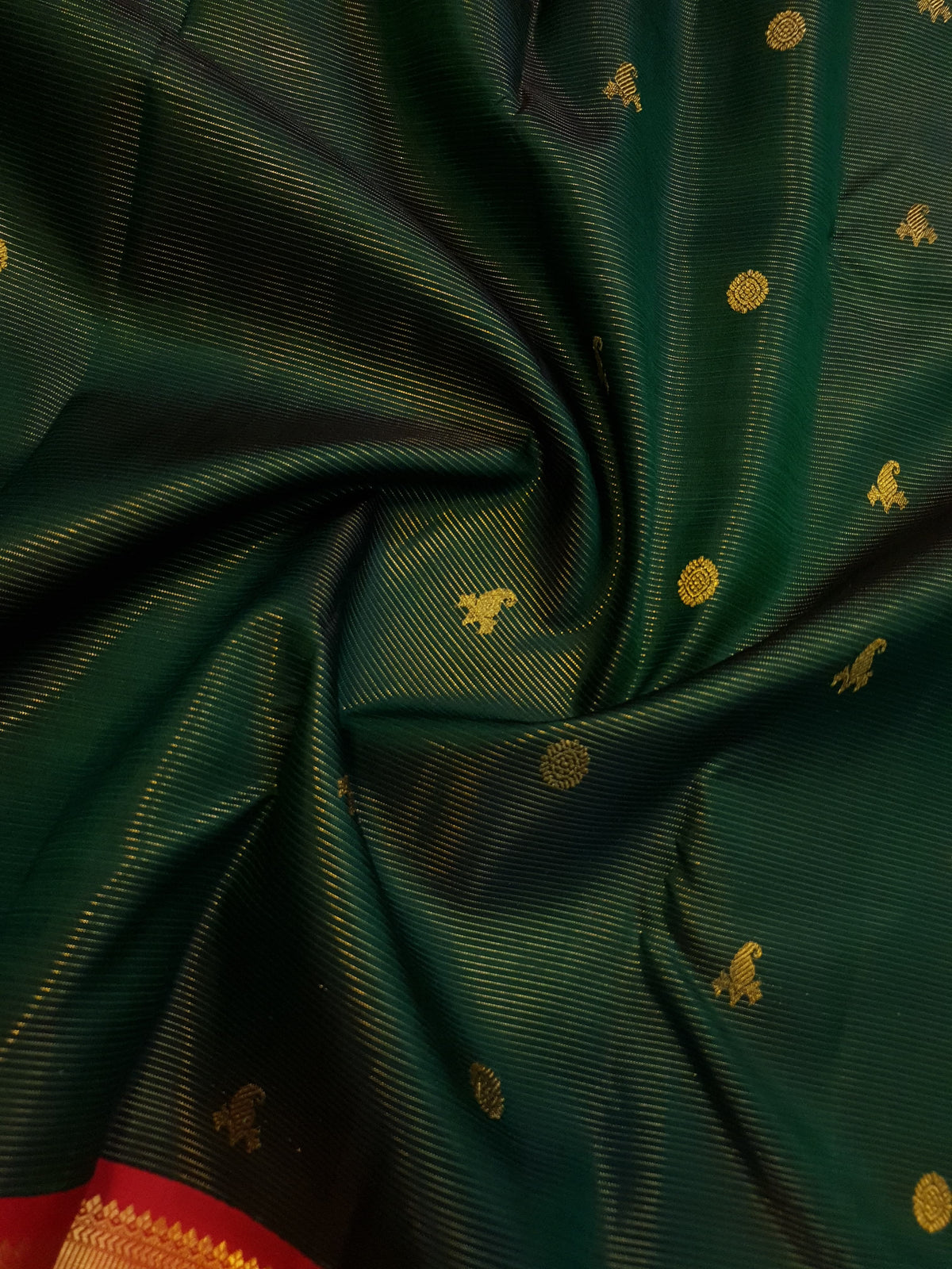 Bottle Green Kanchipuram Handloom 2G Gold Vairaoosi Silk Saree with all-over fine stripes, traditional buttas, and rich contrasting red and gold borders and pallu.