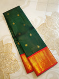 Bottle Green Kanchipuram Handloom 2G Gold Vairaoosi Silk Saree with all-over fine stripes, traditional buttas, and rich contrasting red and gold borders and pallu.