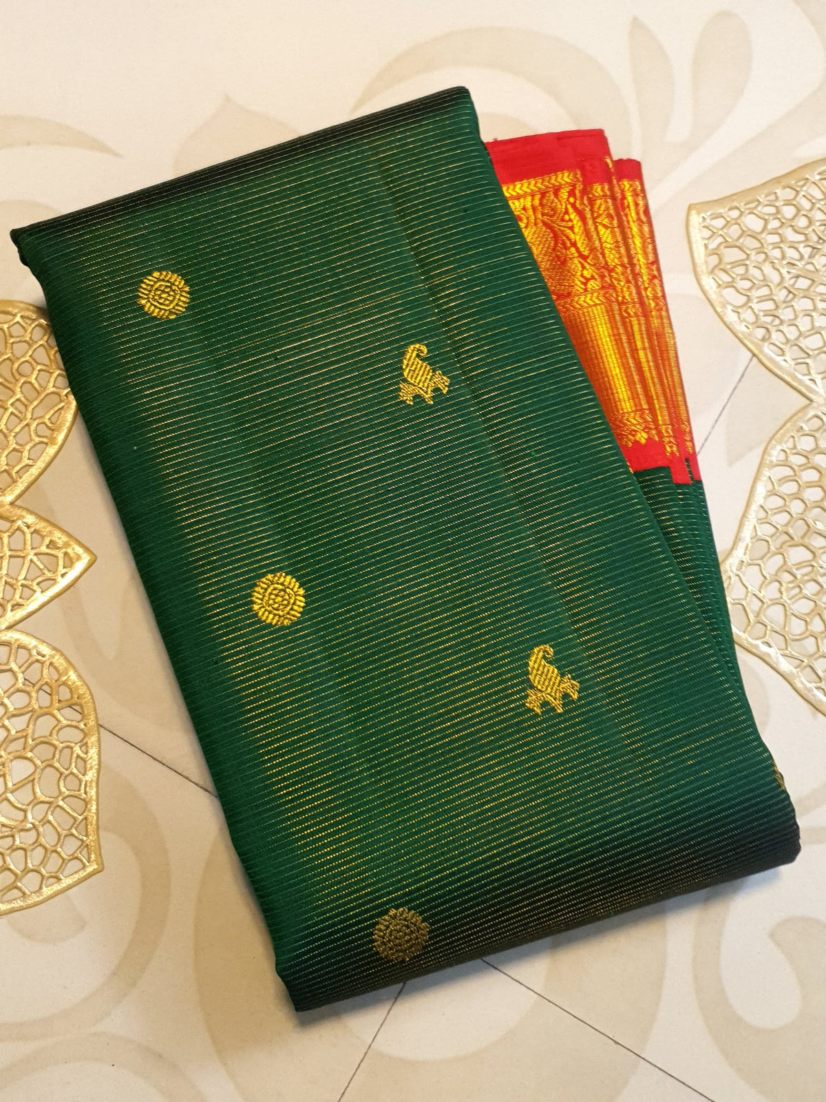 Bottle Green Kanchipuram Handloom 2G Gold Vairaoosi Silk Saree with all-over fine stripes, traditional buttas, and rich contrasting red and gold borders and pallu.