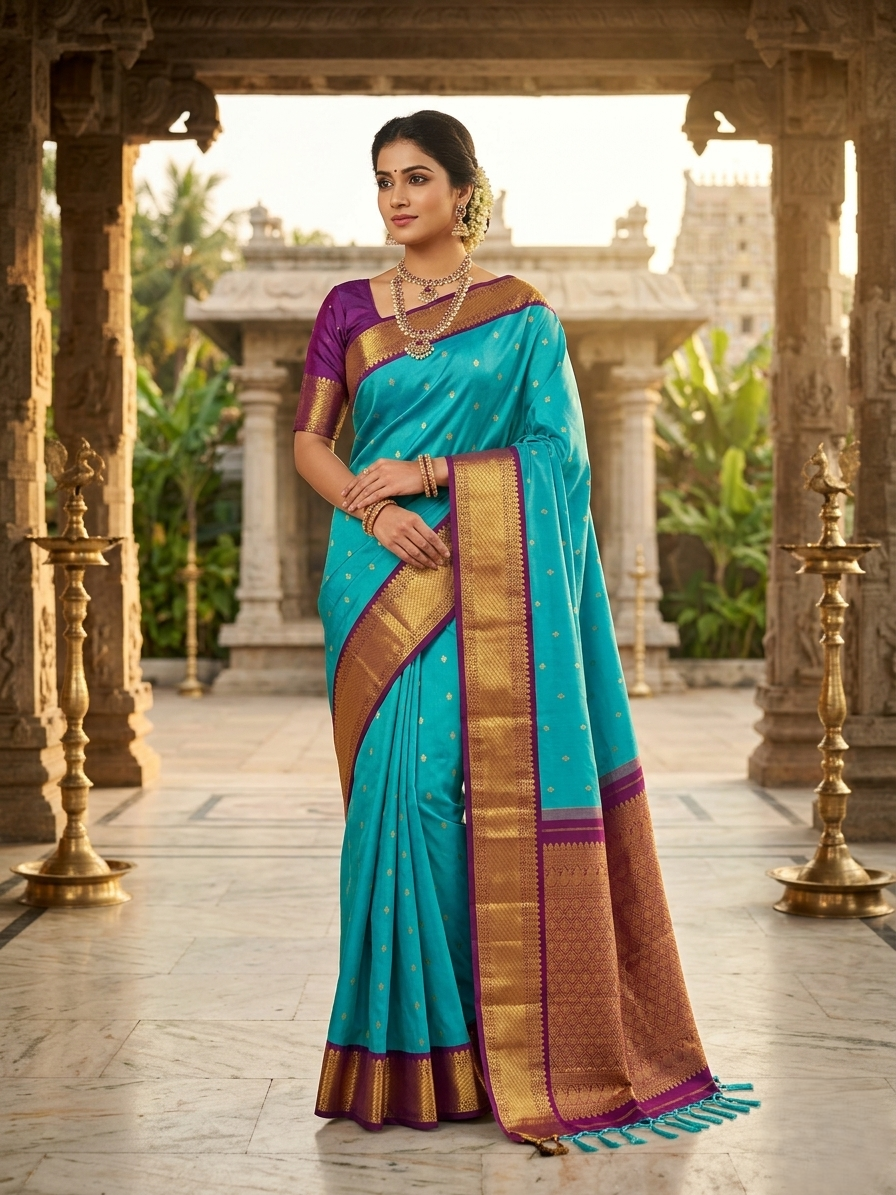 Vibrant turquoise blue Kanchipuram handloom silk saree with a contrasting deep purple korvai border and intricate gold zari work.
