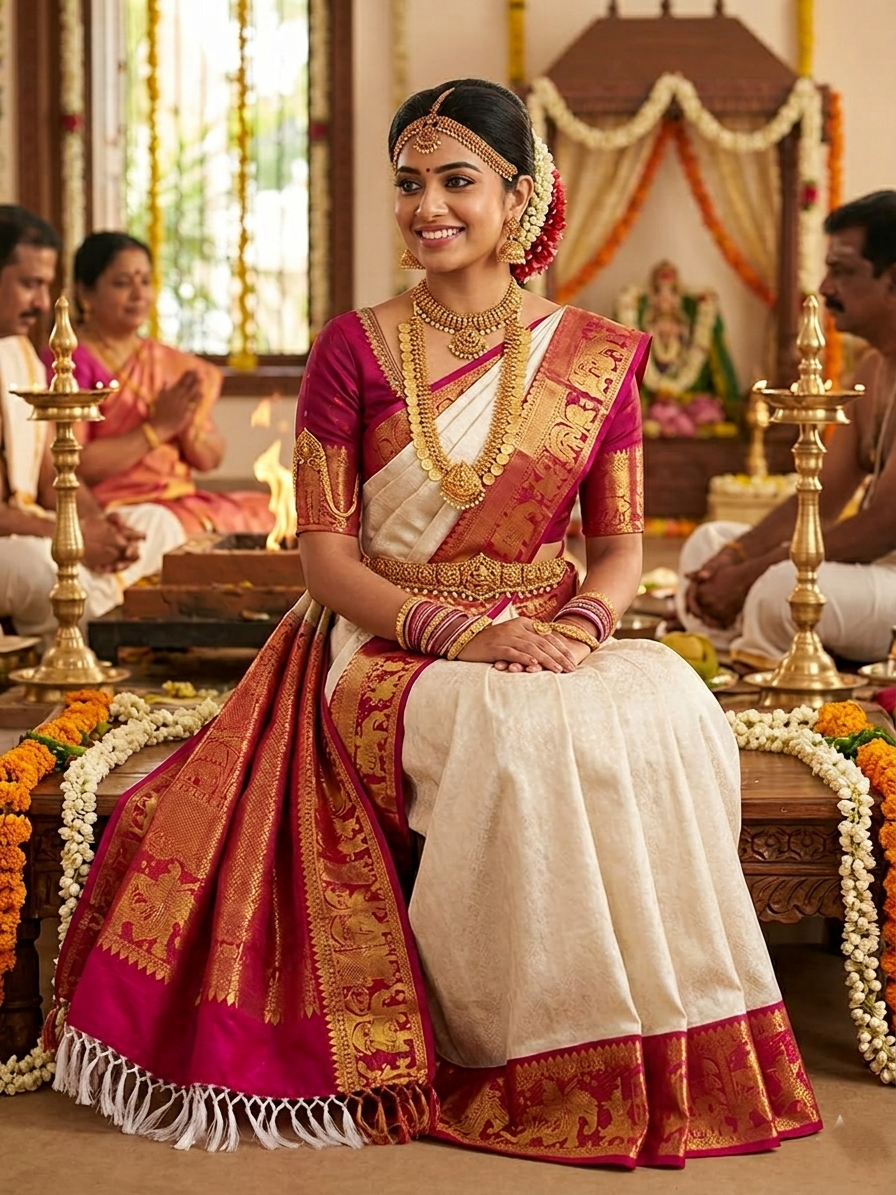Cream Kanchipuram handloom silk saree with a vibrant pink and gold border, featuring intricate Kalyana Pallakku zari work, accessorized with traditional gold jewelry.