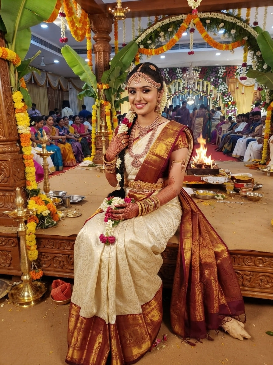 Off White Kanchipuram Handloom 2G Gold Pattu Silk Bridal Saree with rich red and gold zari borders
