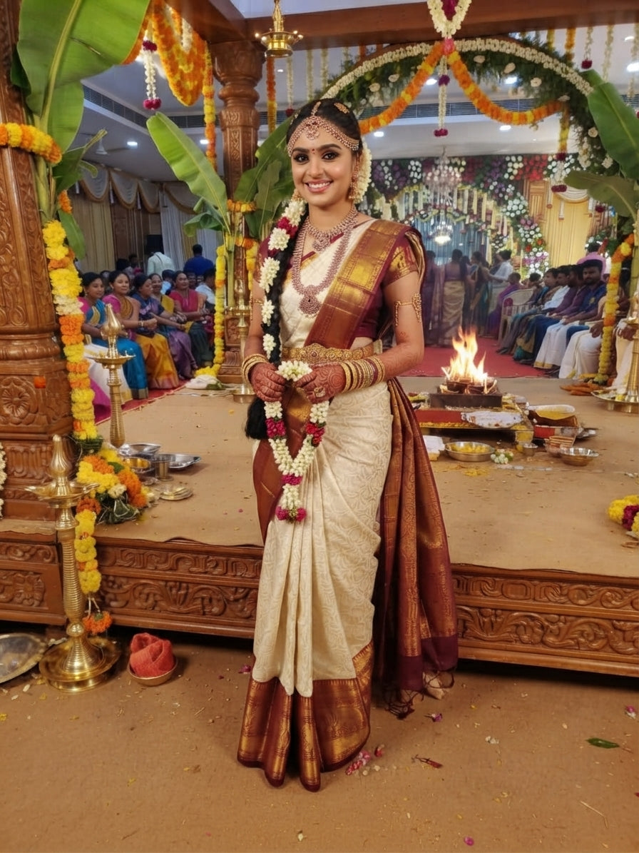 Off White Kanchipuram Handloom 2G Gold Pattu Silk Bridal Saree with rich red and gold zari borders