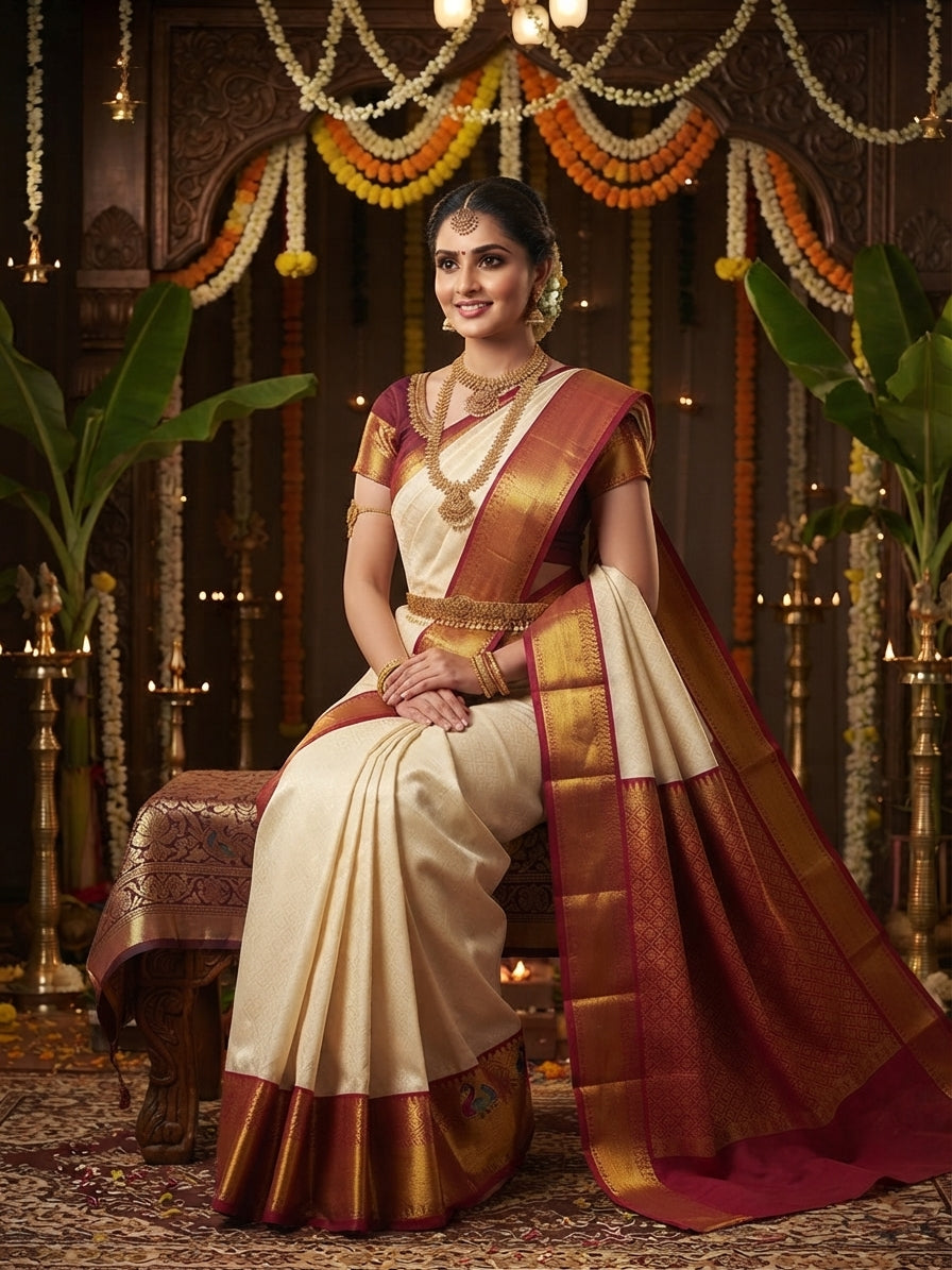 Model wearing an off-white Kanchipuram handloom pattu silk bridal saree with a rich red and gold zari border against a traditional muhuratham background.