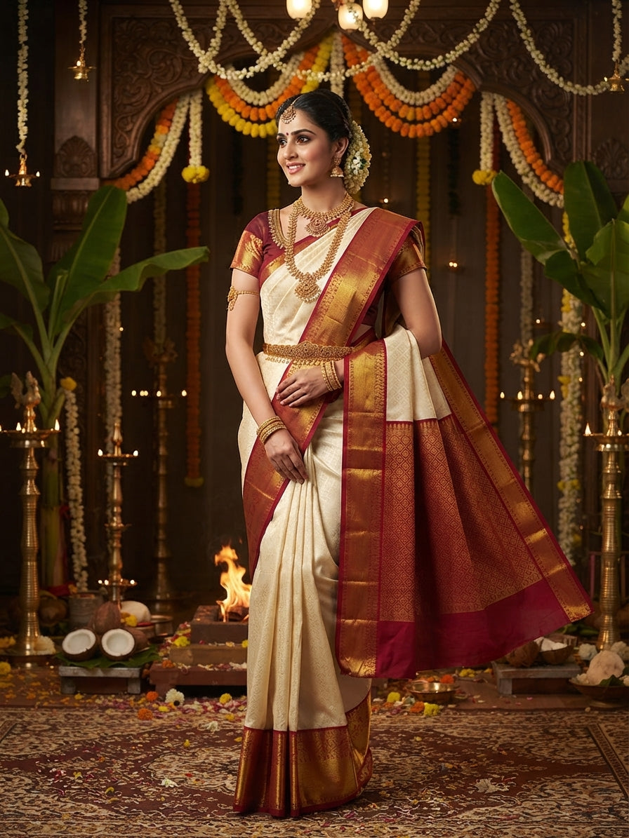 Model wearing an off-white Kanchipuram handloom pattu silk bridal saree with a rich red and gold zari border against a traditional muhuratham background.
