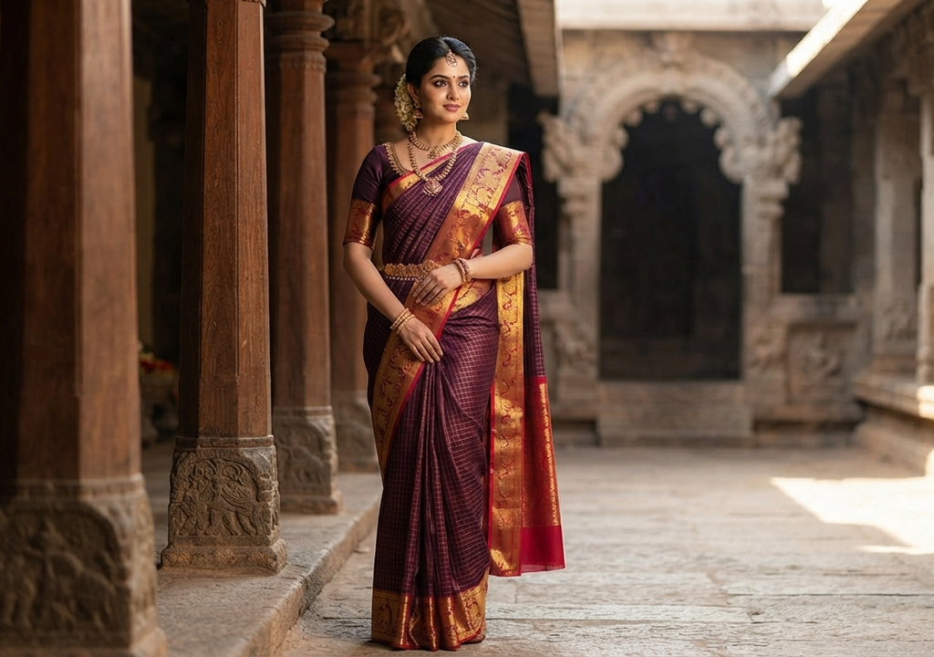A model elegantly draped in a dark plum Kanchipuram silk saree featuring a gold Muthukattam check pattern, ornate zari buttas, and a vibrant contrast border and pallu.