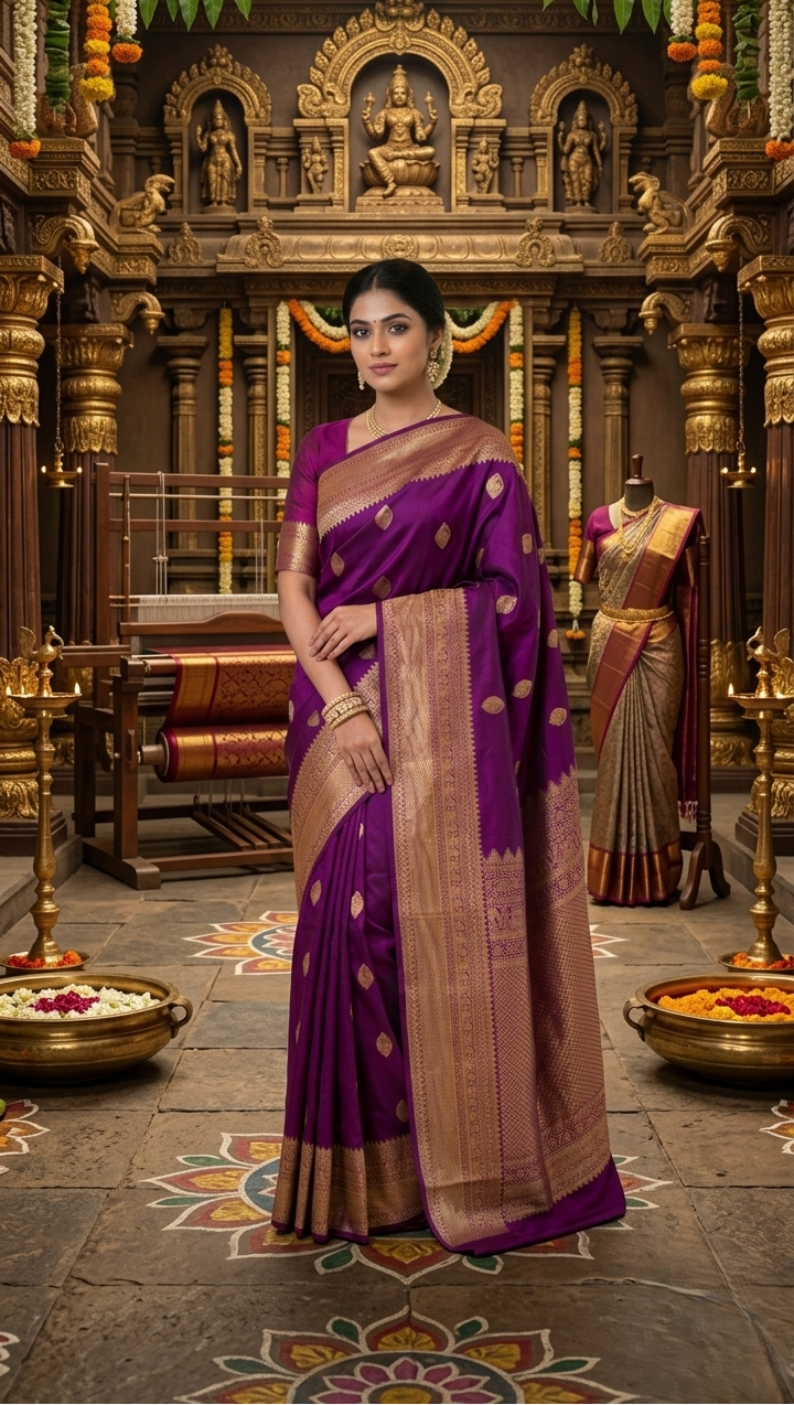 Elevate your ethnic wardrobe with this exquisite Magenta Kanchipuram Handloom 2G Pattu Silk Saree. Adorned with authentic gold zari and traditional motifs, it is the perfect choice for weddings and festive celebrations.