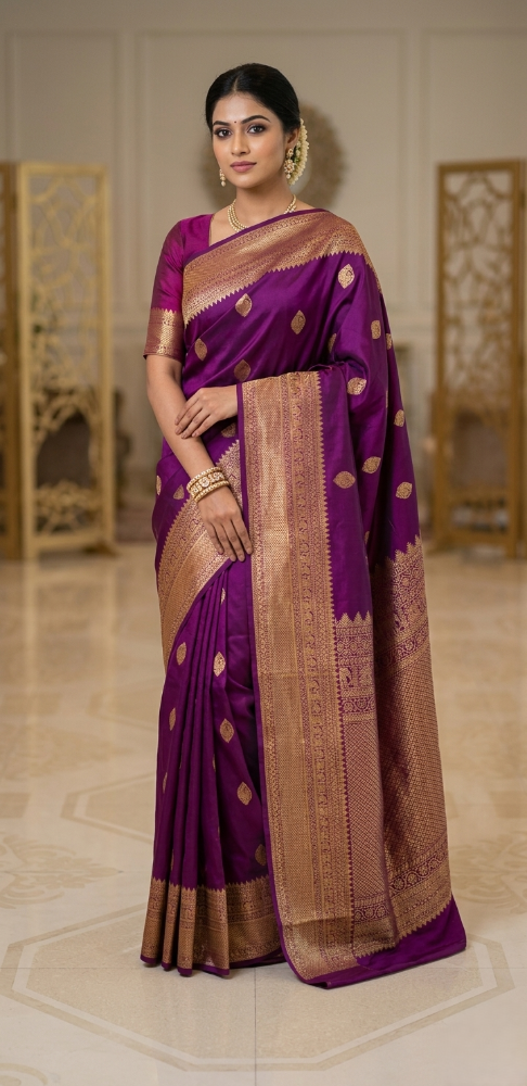 Elevate your ethnic wardrobe with this exquisite Magenta Kanchipuram Handloom 2G Pattu Silk Saree. Adorned with authentic gold zari and traditional motifs, it is the perfect choice for weddings and festive celebrations.