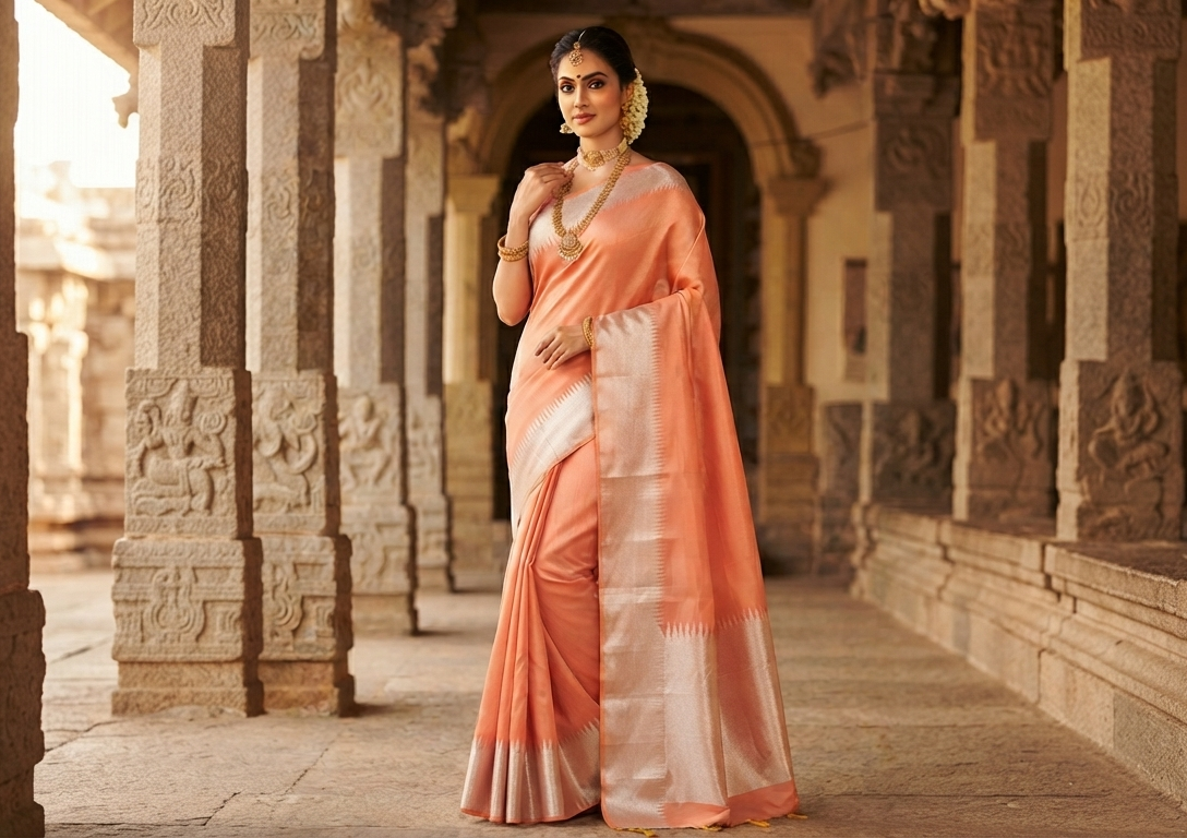 A model elegantly draped in a coral Kanchipuram handloom silk saree featuring a detailed silver zari temple border and luxurious silver accents.