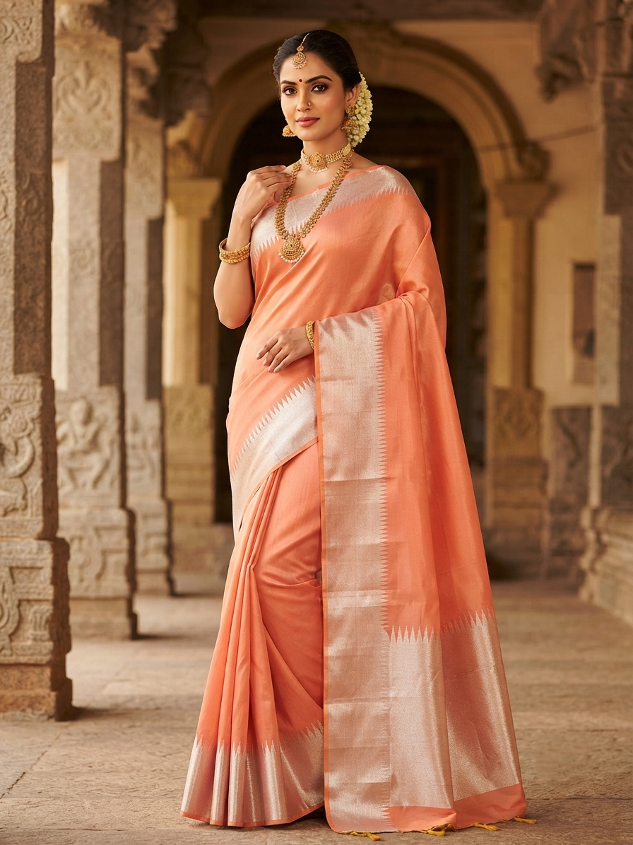 A model elegantly draped in a coral Kanchipuram handloom silk saree featuring a detailed silver zari temple border and luxurious silver accents.