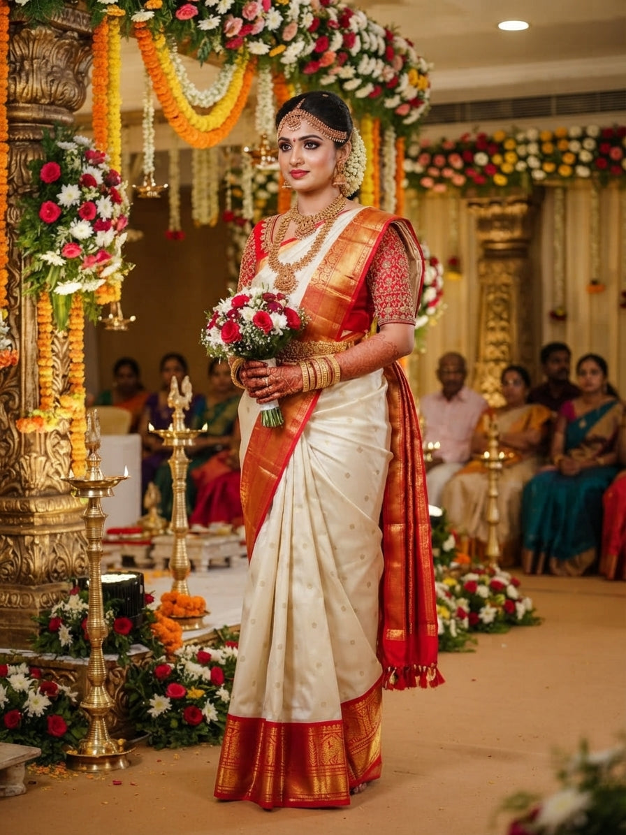 Off White Kanchipuram Handloom Silk Saree featuring Mayil Chakram motifs, contrast red borders, and a matching red pallu and blouse.
