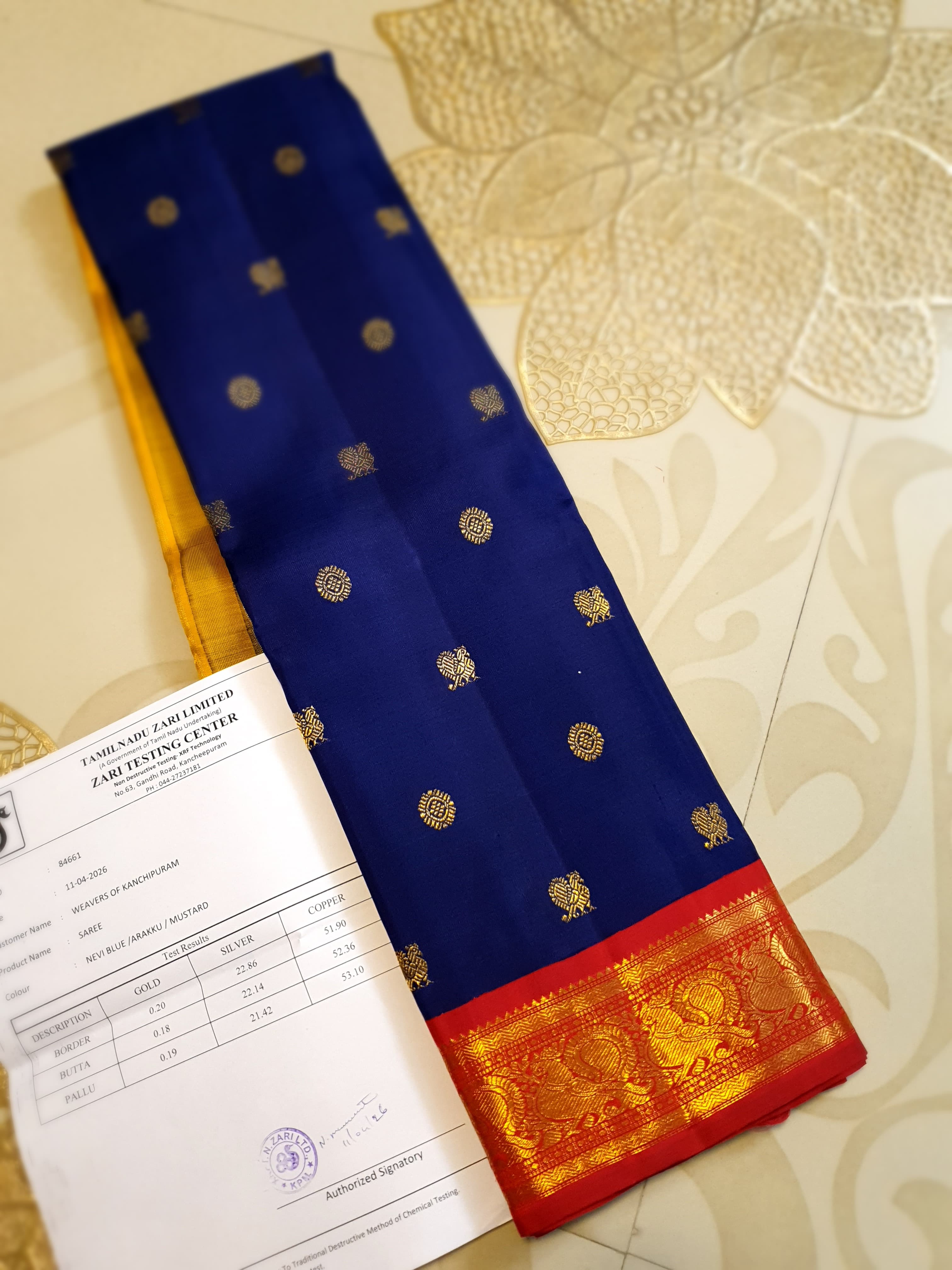 Royal Blue Kanchipuram Handloom 3G Gold Korvai Silk Ganga Jamuna Saree with traditional buttas and dual-color borders.