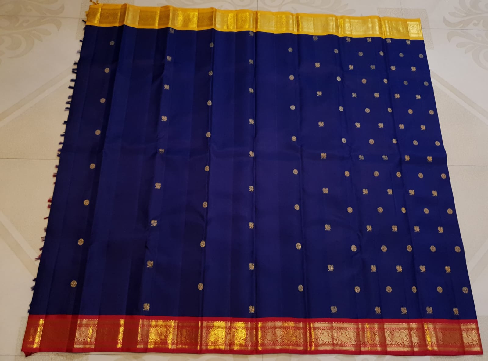 Royal Blue Kanchipuram Handloom 3G Gold Korvai Silk Ganga Jamuna Saree with traditional buttas and dual-color borders.