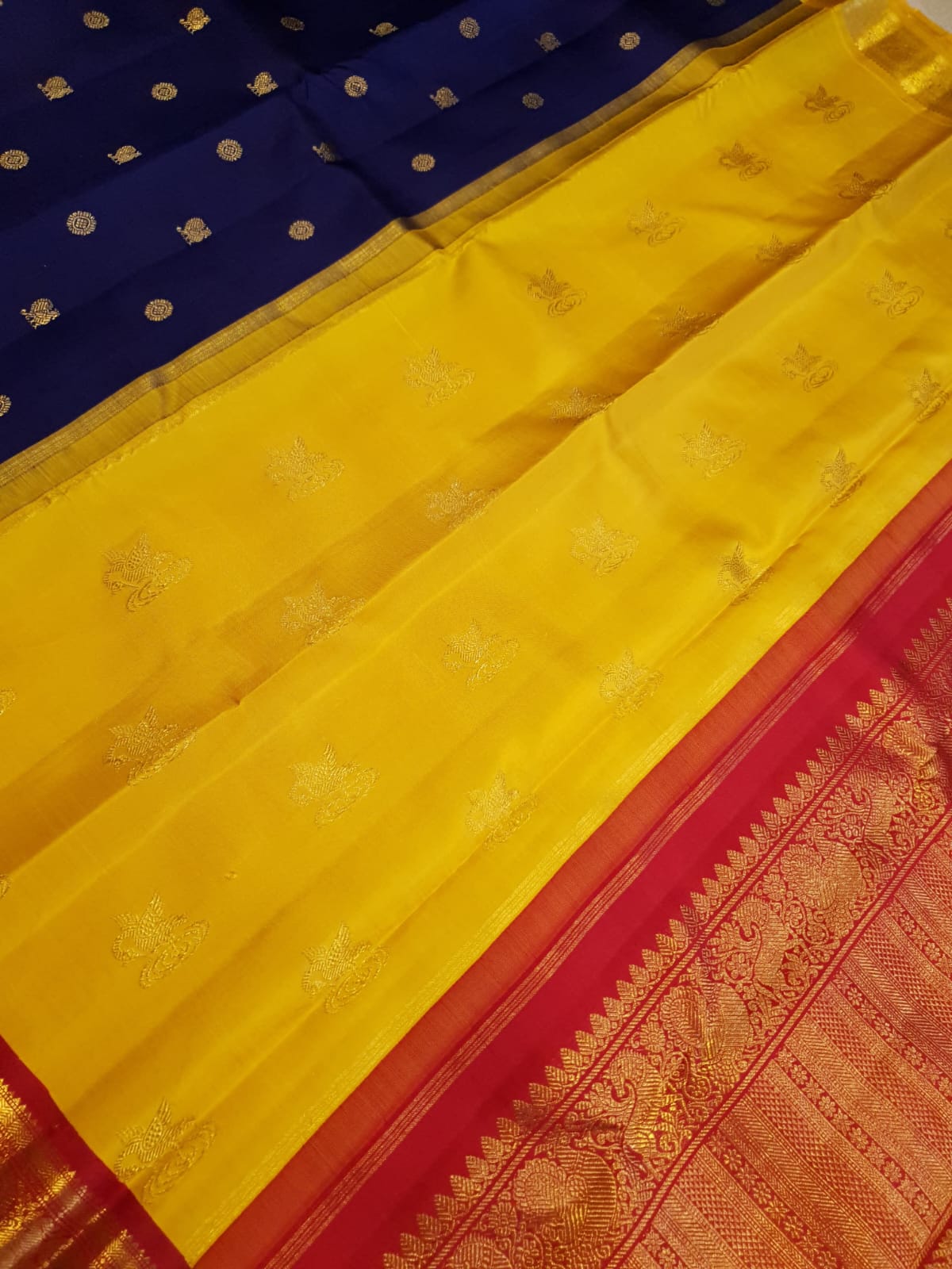 Royal Blue Kanchipuram Handloom 3G Gold Korvai Silk Ganga Jamuna Saree with traditional buttas and dual-color borders.