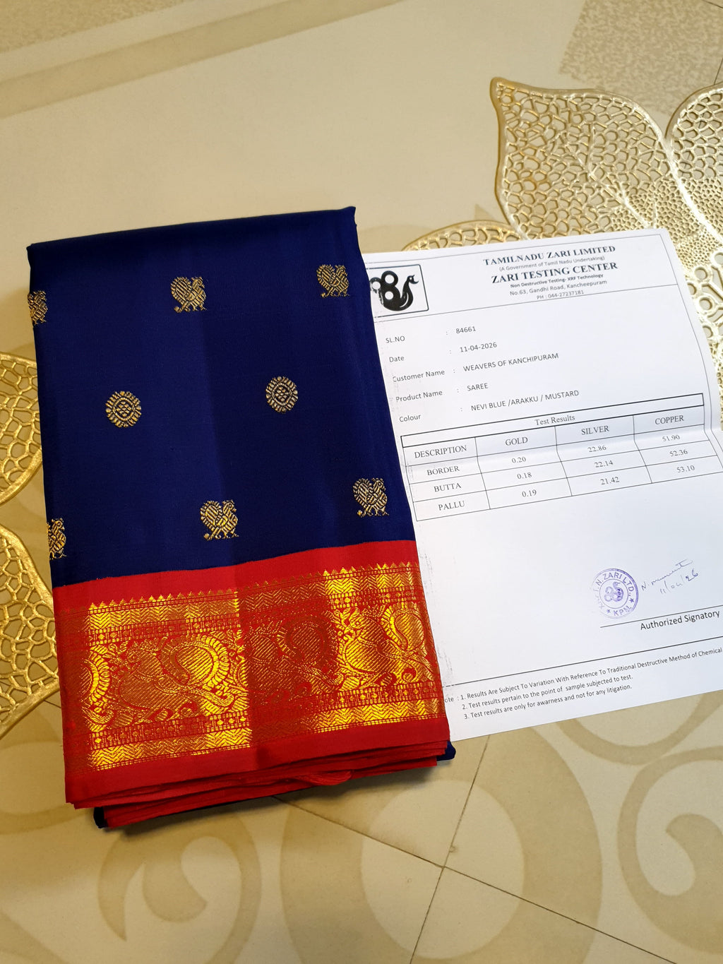 Royal Blue Kanchipuram Handloom 3G Gold Korvai Silk Ganga Jamuna Saree with traditional buttas and dual-color borders.