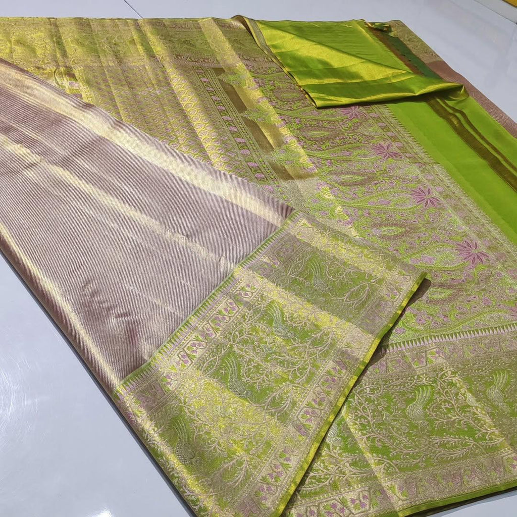 Baby Pink Kanchipuram Handloom Tissue Brocade Silk Saree