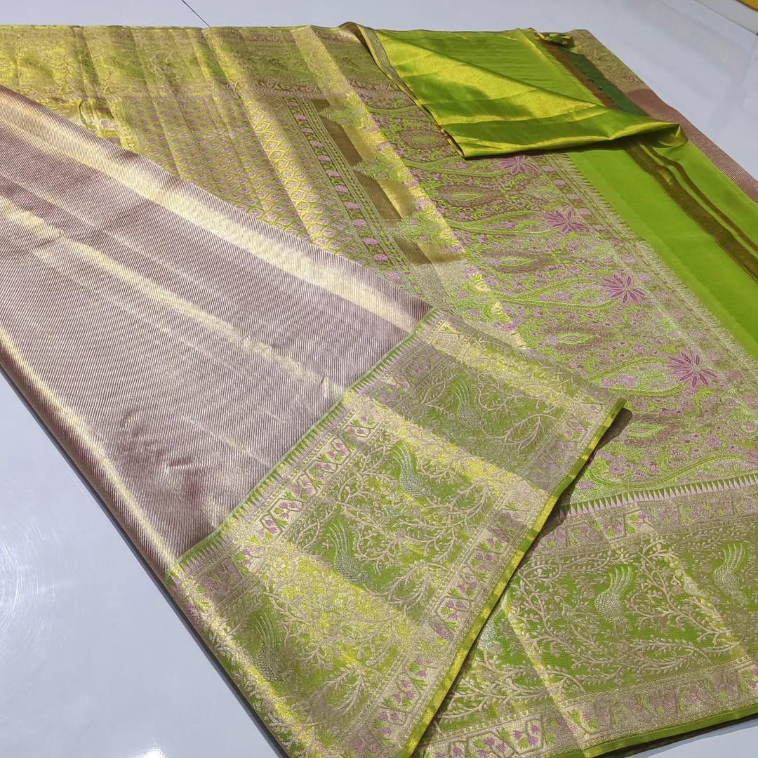 Baby Pink Kanchipuram Handloom Tissue Brocade Silk Saree