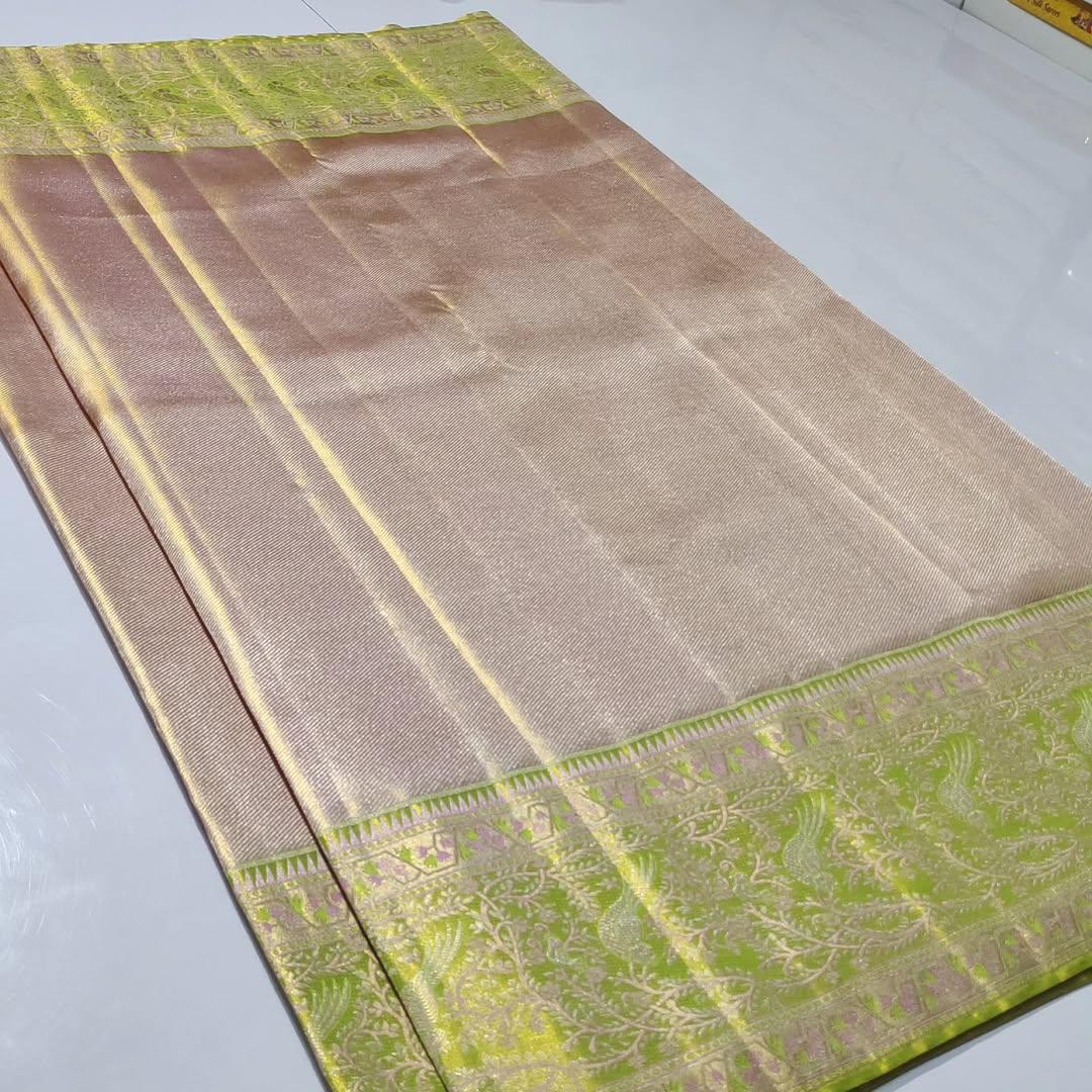 Baby Pink Kanchipuram Handloom Tissue Brocade Silk Saree