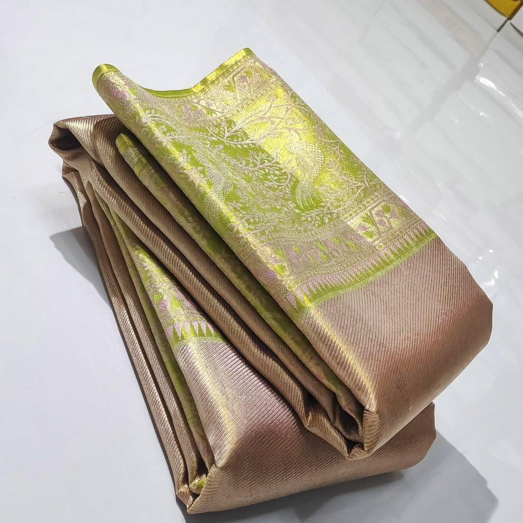 Baby Pink Kanchipuram Handloom Tissue Brocade Silk Saree