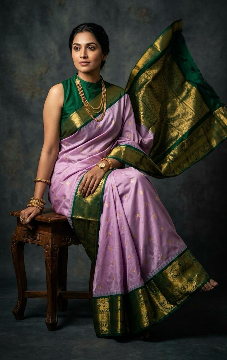 A luxurious Kanchipuram semi pattu silk bridal saree showcasing a rich textured body and a wide, bold contrast zari border with traditional temple motifs.