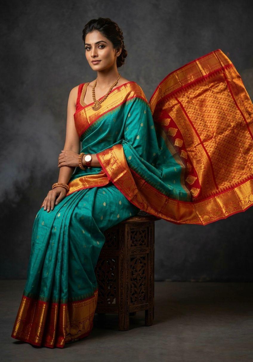 A luxurious Kanchipuram semi pattu silk bridal saree showcasing a rich textured body and a wide, bold contrast zari border with traditional temple motifs.