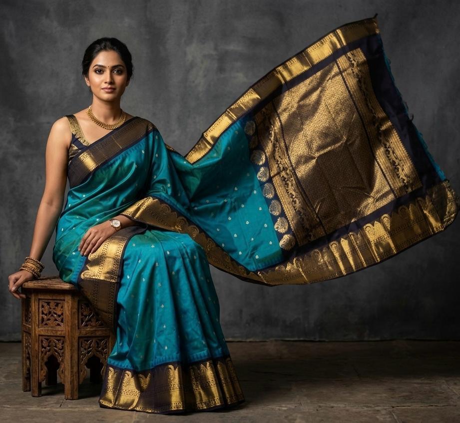 A luxurious Kanchipuram semi pattu silk bridal saree showcasing a rich textured body and a wide, bold contrast zari border with traditional temple motifs.