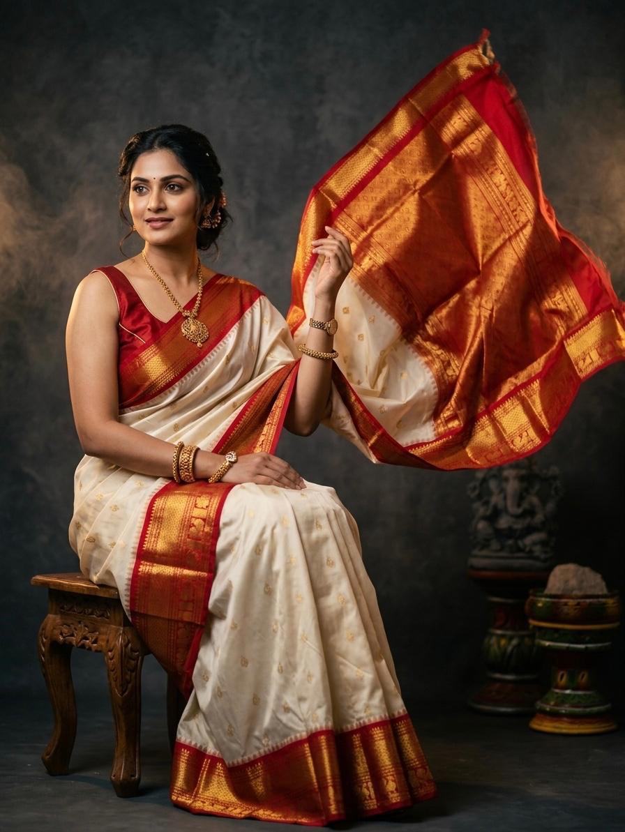 A luxurious Kanchipuram semi pattu silk bridal saree showcasing a rich textured body and a wide, bold contrast zari border with traditional temple motifs.