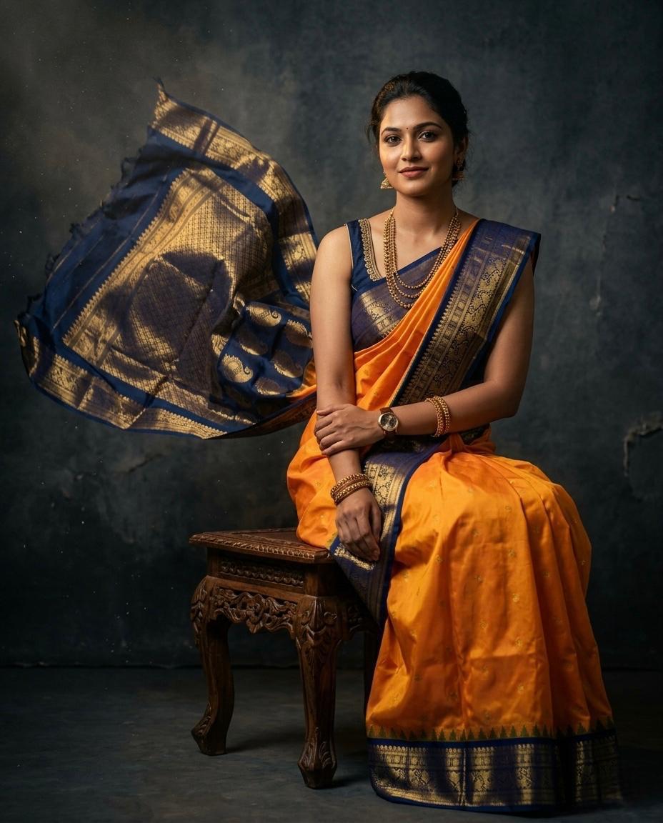 A luxurious Kanchipuram semi pattu silk bridal saree showcasing a rich textured body and a wide, bold contrast zari border with traditional temple motifs.