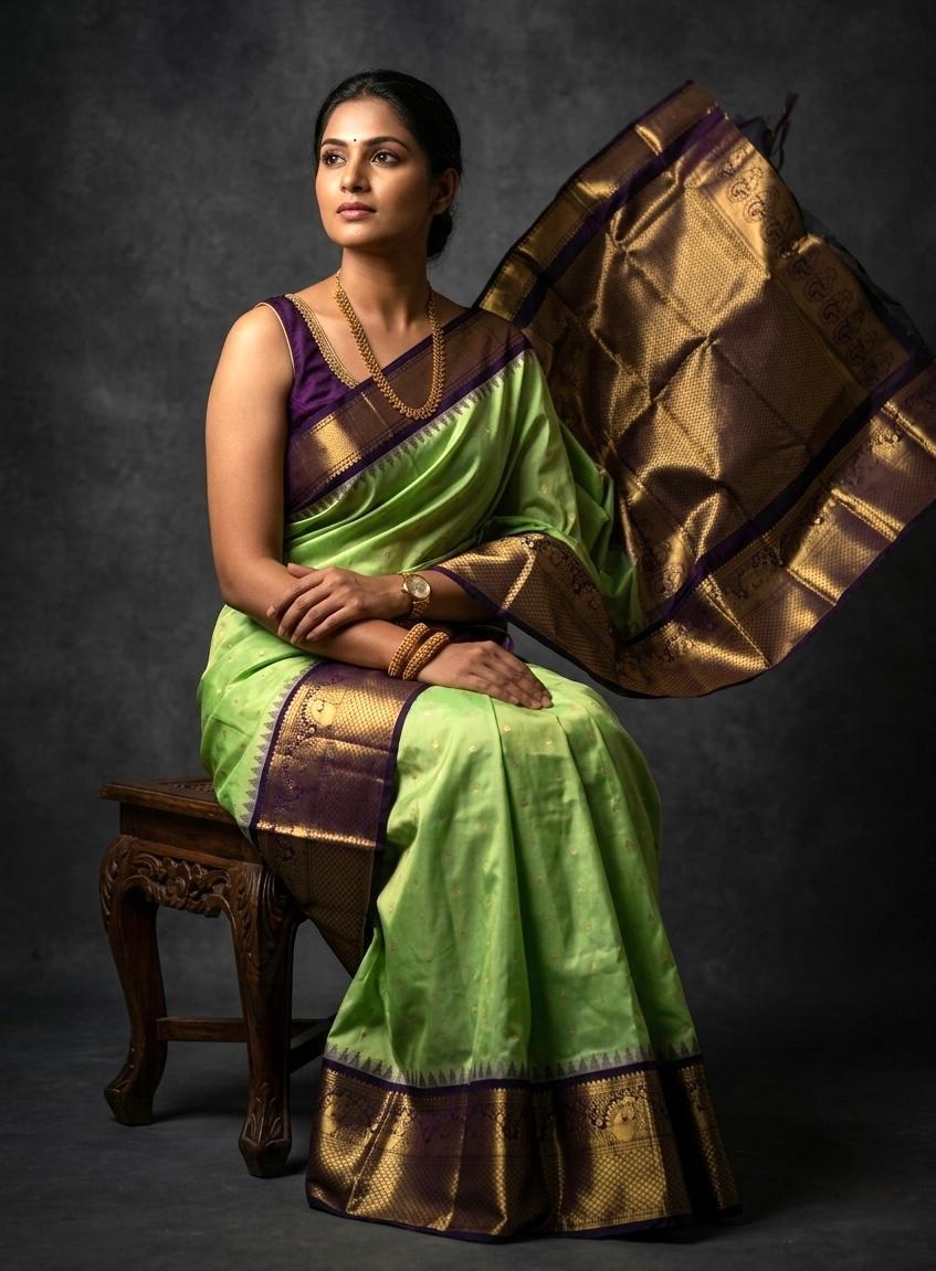 A luxurious Kanchipuram semi pattu silk bridal saree showcasing a rich textured body and a wide, bold contrast zari border with traditional temple motifs.