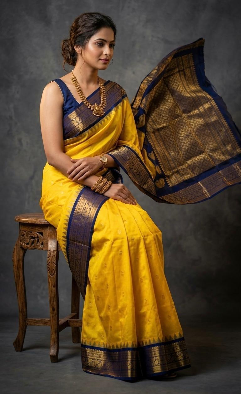 A luxurious Kanchipuram semi pattu silk bridal saree showcasing a rich textured body and a wide, bold contrast zari border with traditional temple motifs.