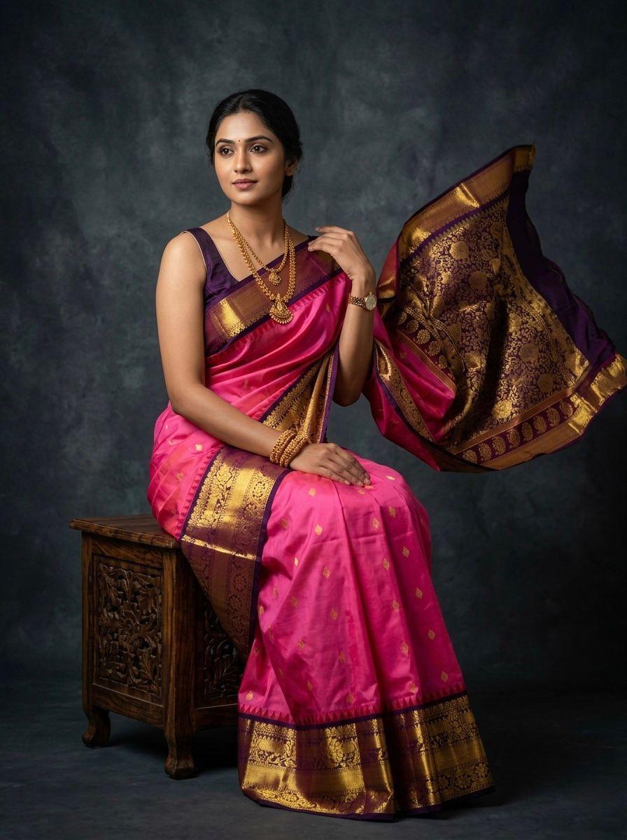 A luxurious Kanchipuram semi pattu silk bridal saree showcasing a rich textured body and a wide, bold contrast zari border with traditional temple motifs.