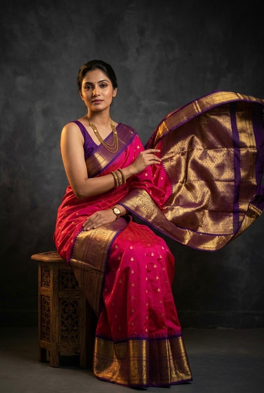 A luxurious Kanchipuram semi pattu silk bridal saree showcasing a rich textured body and a wide, bold contrast zari border with traditional temple motifs.