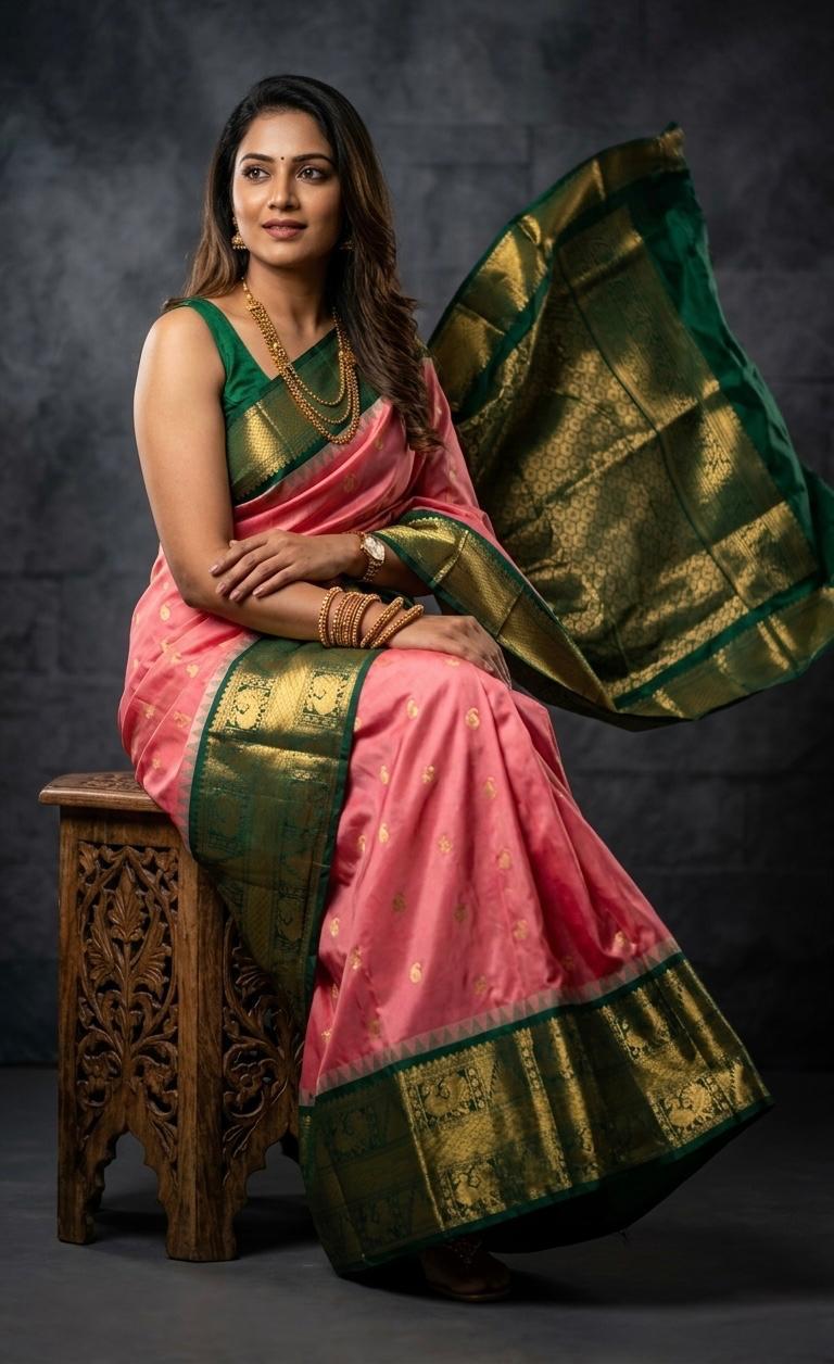 A luxurious Kanchipuram semi pattu silk bridal saree showcasing a rich textured body and a wide, bold contrast zari border with traditional temple motifs.
