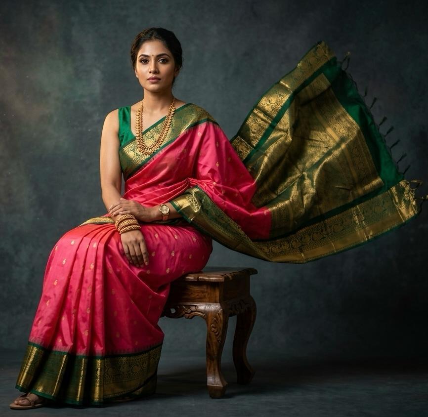 A luxurious Kanchipuram semi pattu silk bridal saree showcasing a rich textured body and a wide, bold contrast zari border with traditional temple motifs.
