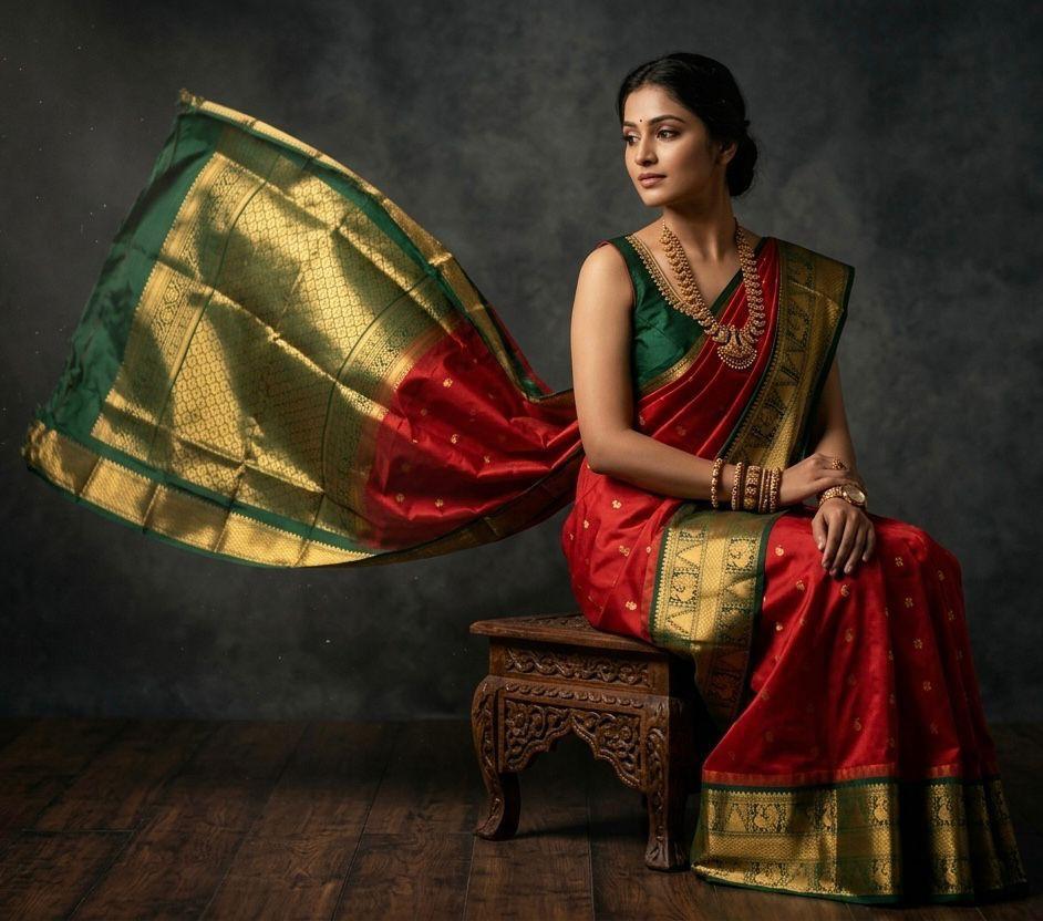 A luxurious Kanchipuram semi pattu silk bridal saree showcasing a rich textured body and a wide, bold contrast zari border with traditional temple motifs.