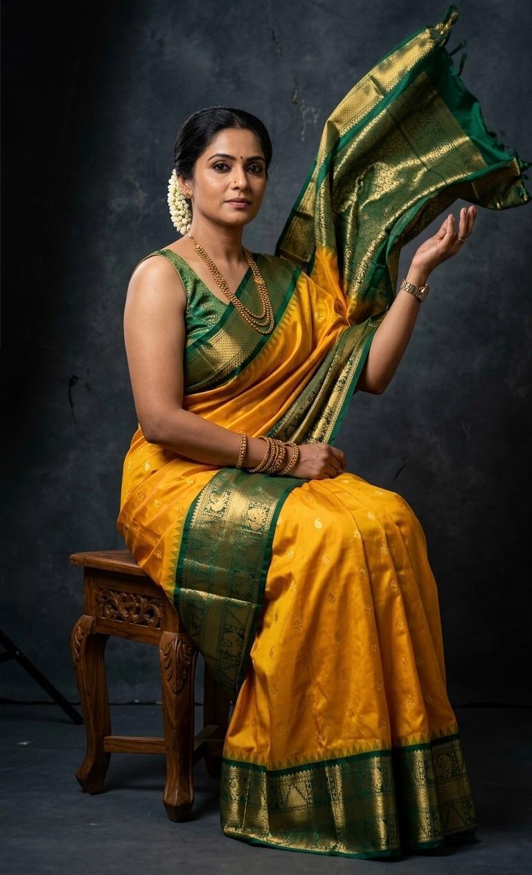A luxurious Kanchipuram semi pattu silk bridal saree showcasing a rich textured body and a wide, bold contrast zari border with traditional temple motifs.