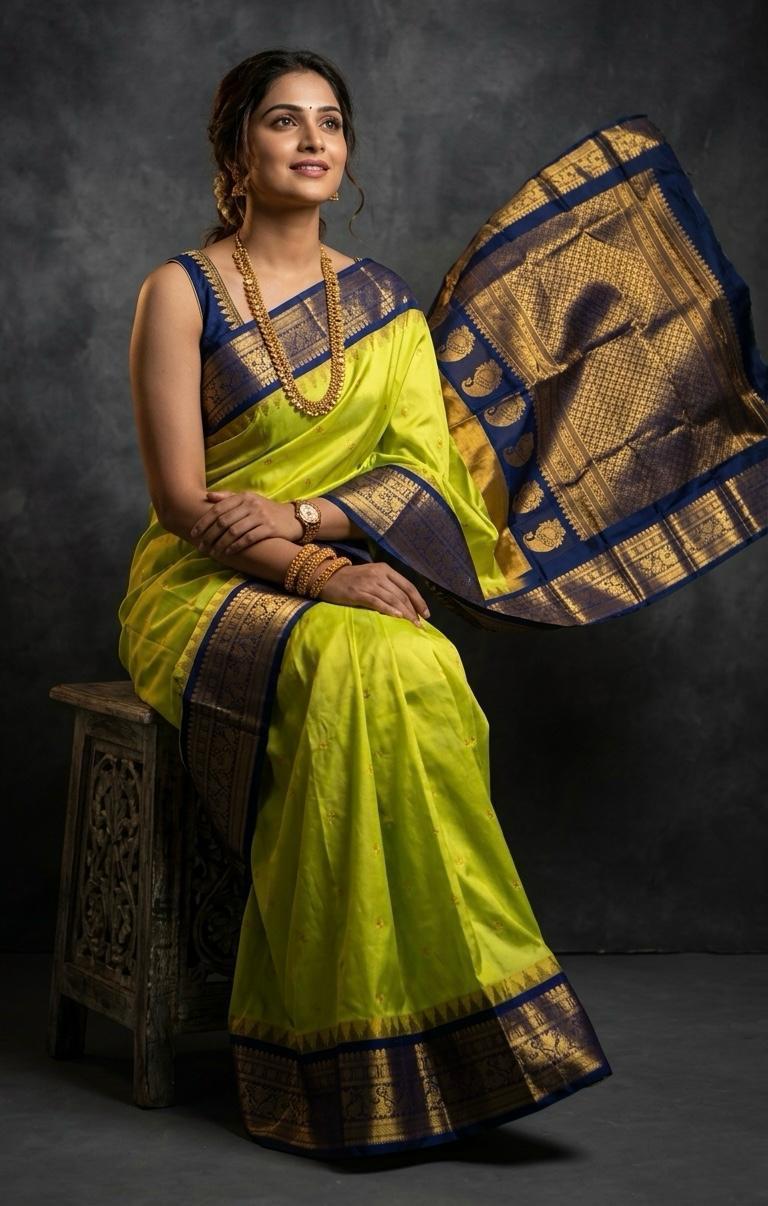 A luxurious Kanchipuram semi pattu silk bridal saree showcasing a rich textured body and a wide, bold contrast zari border with traditional temple motifs.
