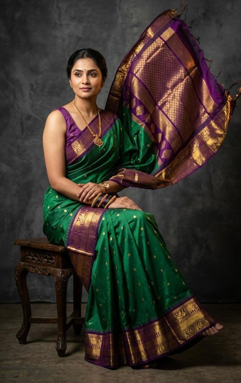 A luxurious Kanchipuram semi pattu silk bridal saree showcasing a rich textured body and a wide, bold contrast zari border with traditional temple motifs.