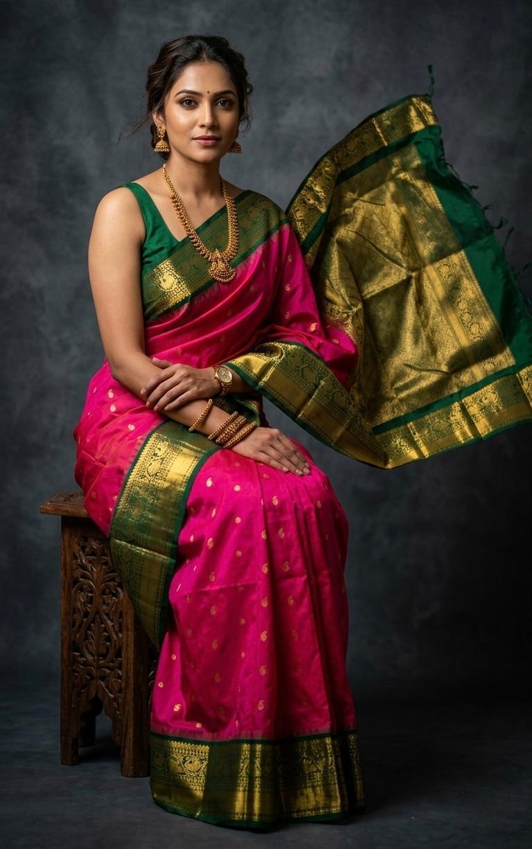 A luxurious Kanchipuram semi pattu silk bridal saree showcasing a rich textured body and a wide, bold contrast zari border with traditional temple motifs.
