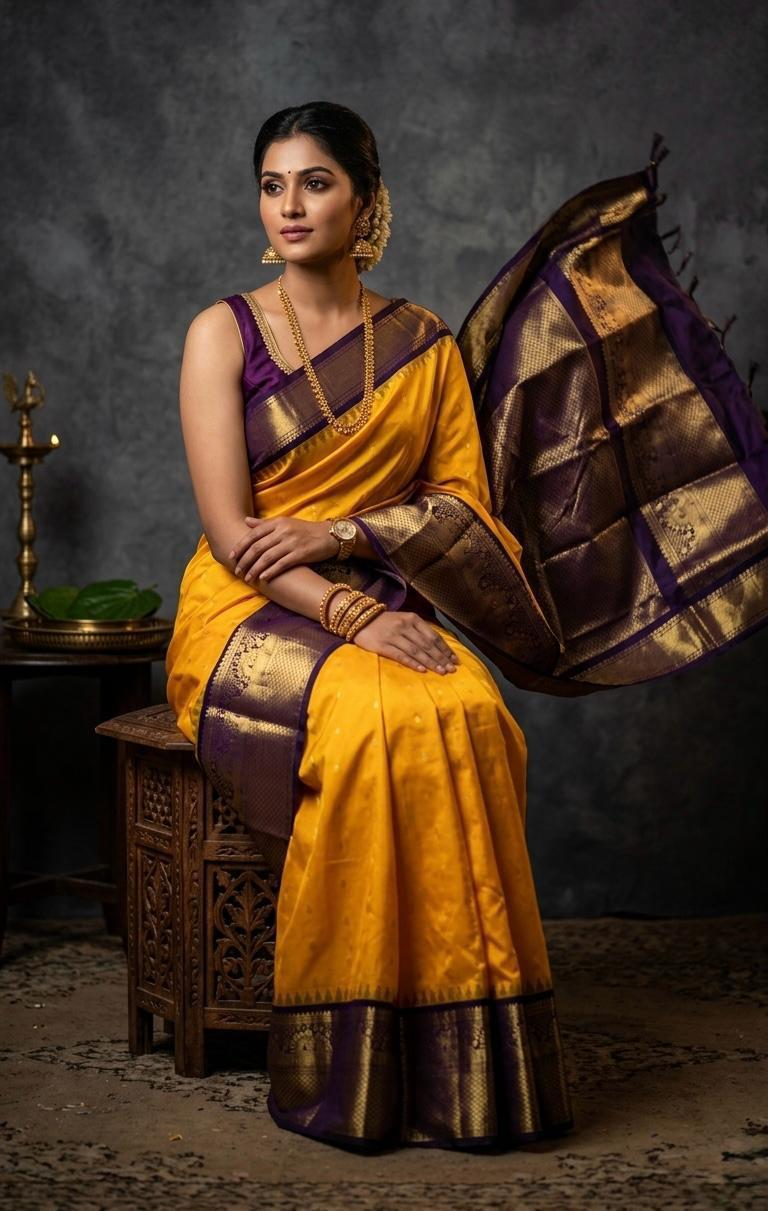 A luxurious Kanchipuram semi pattu silk bridal saree showcasing a rich textured body and a wide, bold contrast zari border with traditional temple motifs.