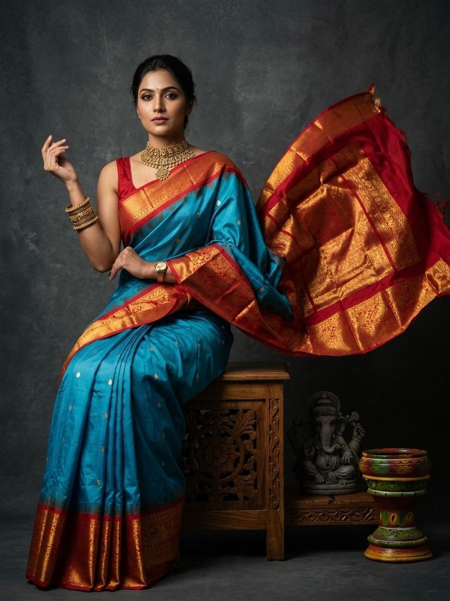 A luxurious Kanchipuram semi pattu silk bridal saree showcasing a rich textured body and a wide, bold contrast zari border with traditional temple motifs.