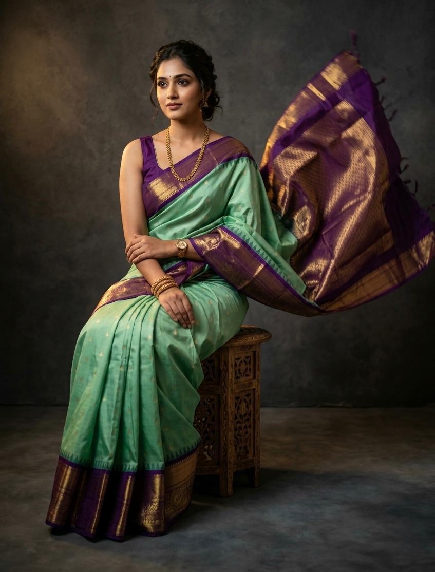A luxurious Kanchipuram semi pattu silk bridal saree showcasing a rich textured body and a wide, bold contrast zari border with traditional temple motifs.