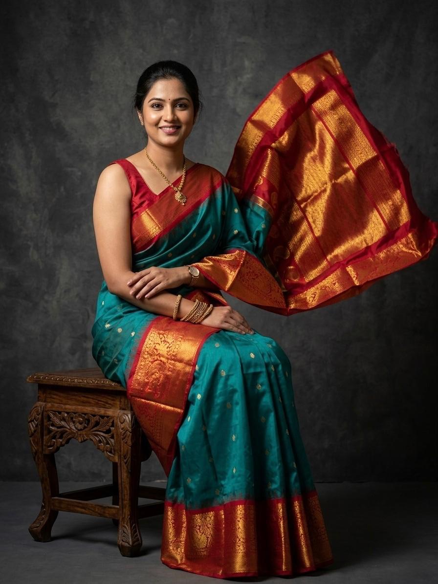 A luxurious Kanchipuram semi pattu silk bridal saree showcasing a rich textured body and a wide, bold contrast zari border with traditional temple motifs.