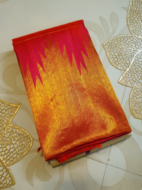 Elegant Beige handloom Kanchipuram 2G gold korvai silk saree featuring a magenta pink temple border and rich gold zari pallu.