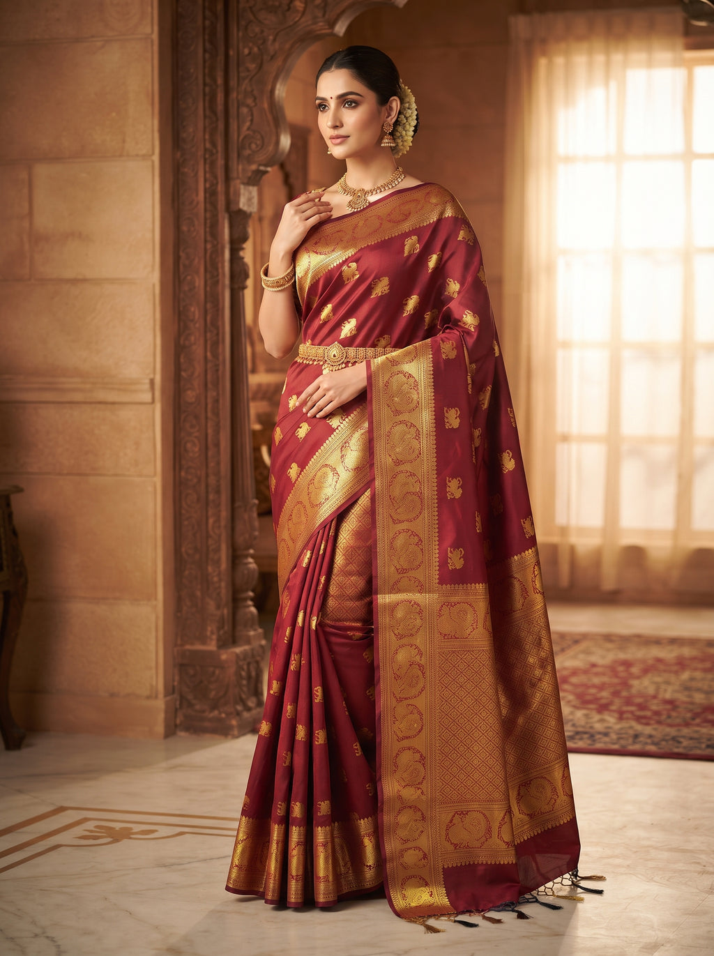 Elegant model wearing a maroon Kanchipuram handloom 2G gold bridal silk saree featuring traditional elephant zari borders and intricate woven buttas.