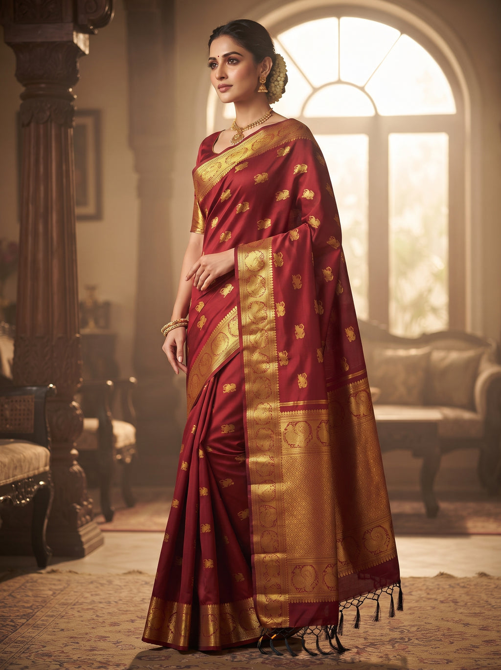 Elegant model wearing a maroon Kanchipuram handloom 2G gold bridal silk saree featuring traditional elephant zari borders and intricate woven buttas.