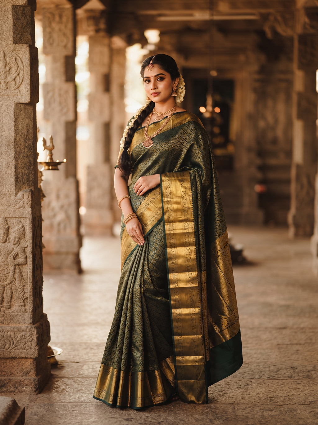 Elegant model wearing a bottle green Kanchipuram handloom 2G gold bridal silk saree featuring traditional rich zari borders and an all-over intricate brocade weave.