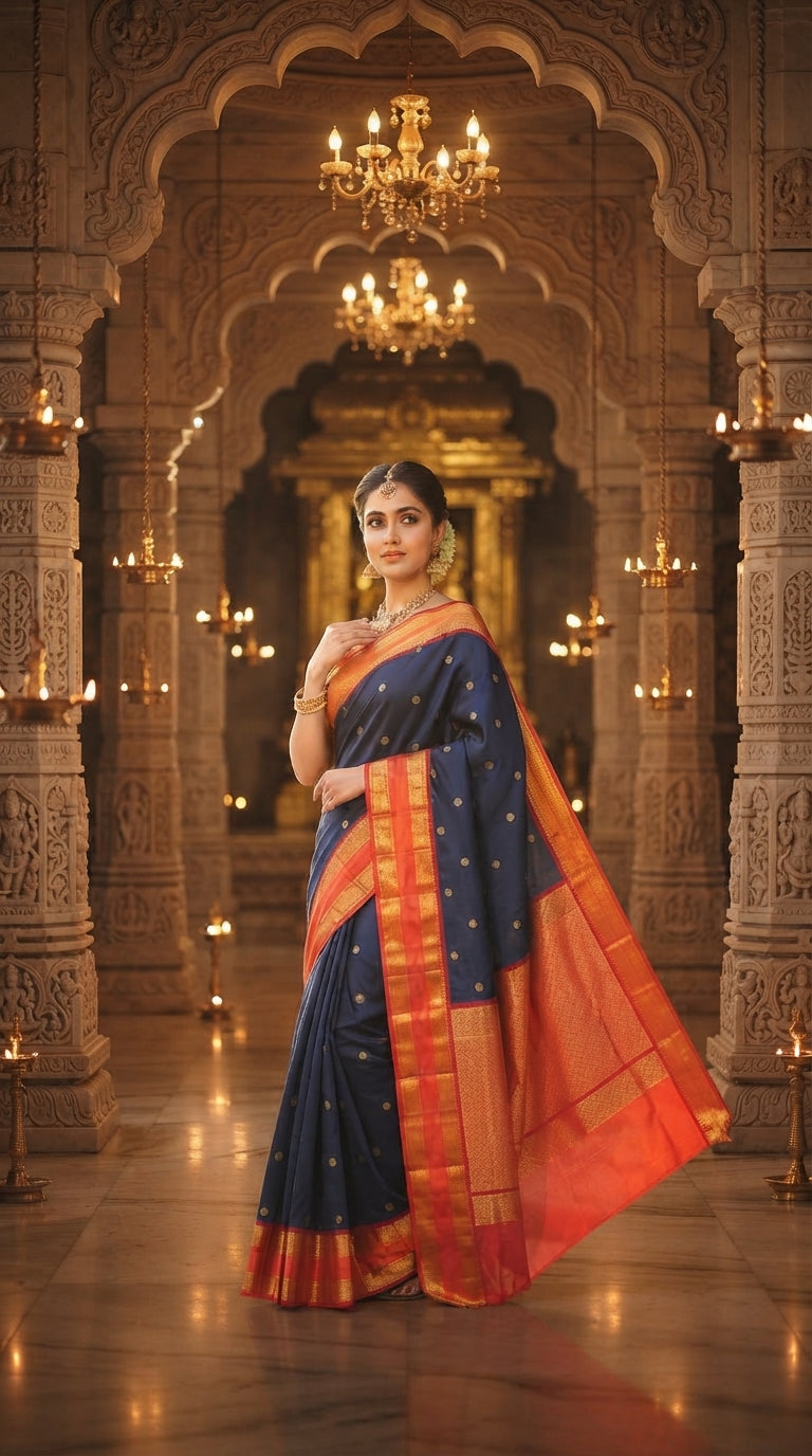 Midnight Blue Kanchipuram Handloom 2G Gold Korvai Silk Saree with contrasting orange gap borders and traditional motifs.