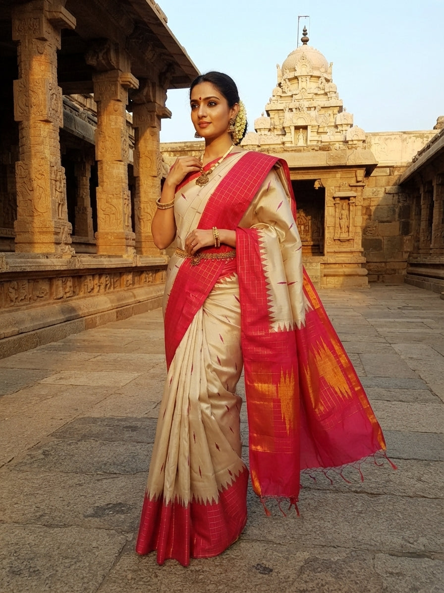 Elegant Beige handloom Kanchipuram 2G gold korvai silk saree featuring a magenta pink temple border and rich gold zari pallu.