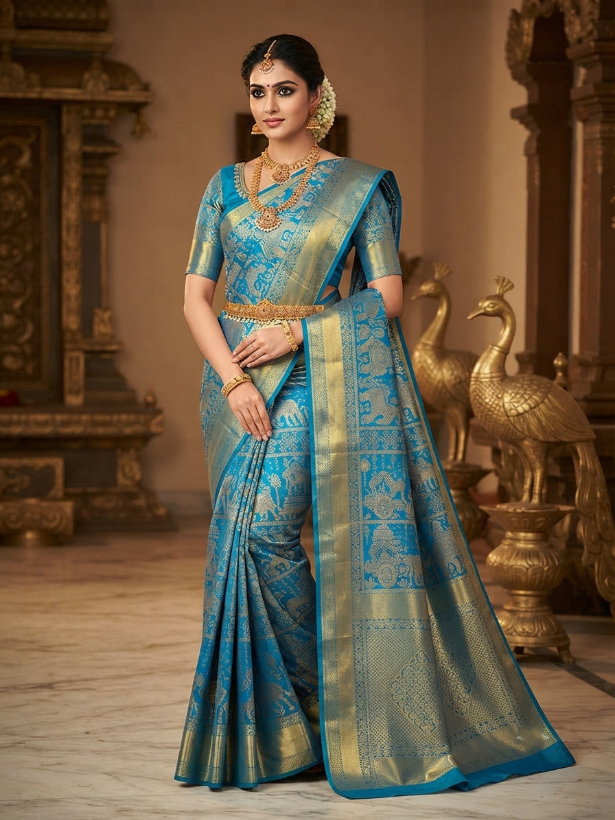Dual Tone Peacock Blue Kanchipuram Handloom 2G Gold pattu silk saree featuring intricate palaki (Kalyana Pallakku) traditional gold zari weaving.